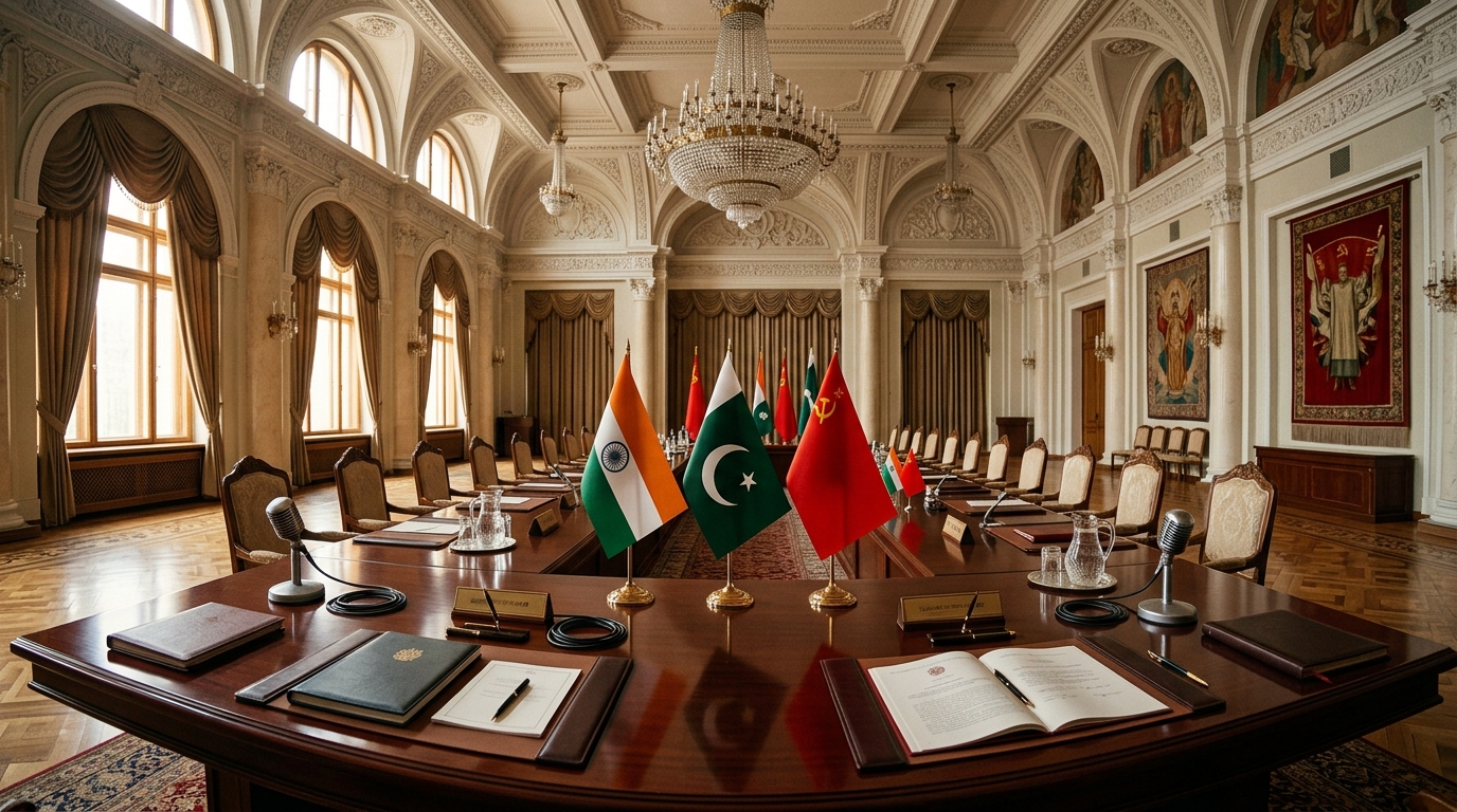 1960s diplomatic table with microphones and flags for the Tashkent Agreement treaty signing.