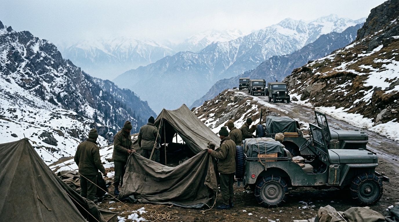 Vintage military jeeps and tents packing up in a snowy Himalayan mountain pass.
