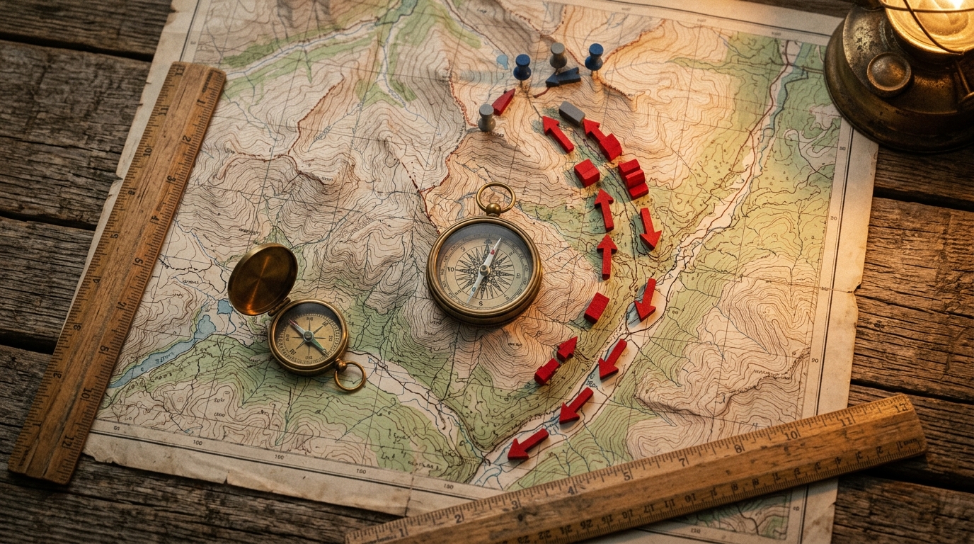 Vintage topographical map of Kashmir with brass compasses and military withdrawal markers.