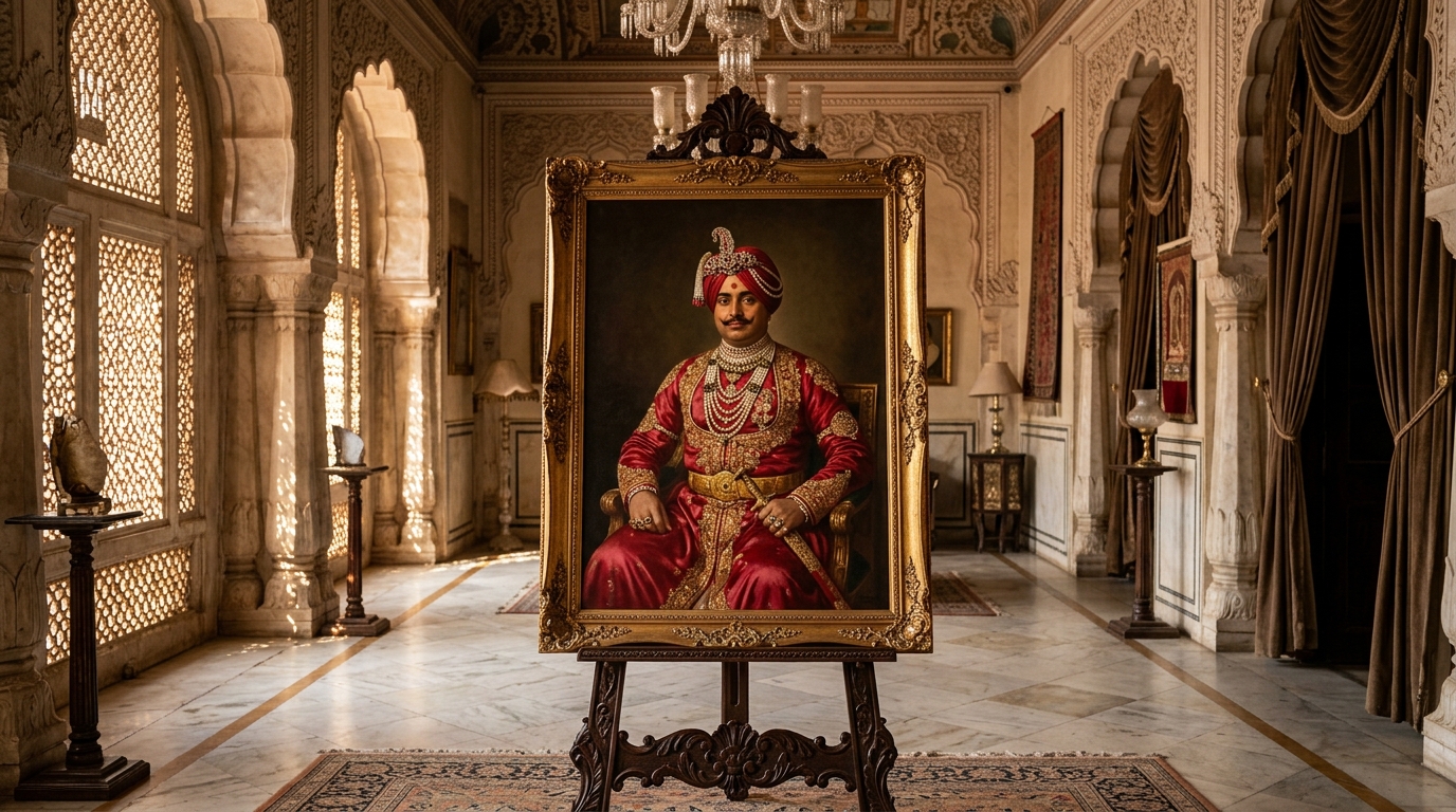 Ornate royal portrait of an Indian Maharaja displayed on a wooden easel inside a palace.