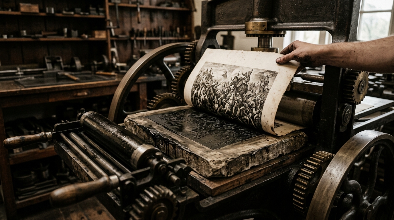 Antique lithograph stone and printing press producing a historical 19th-century Indian battle scene.