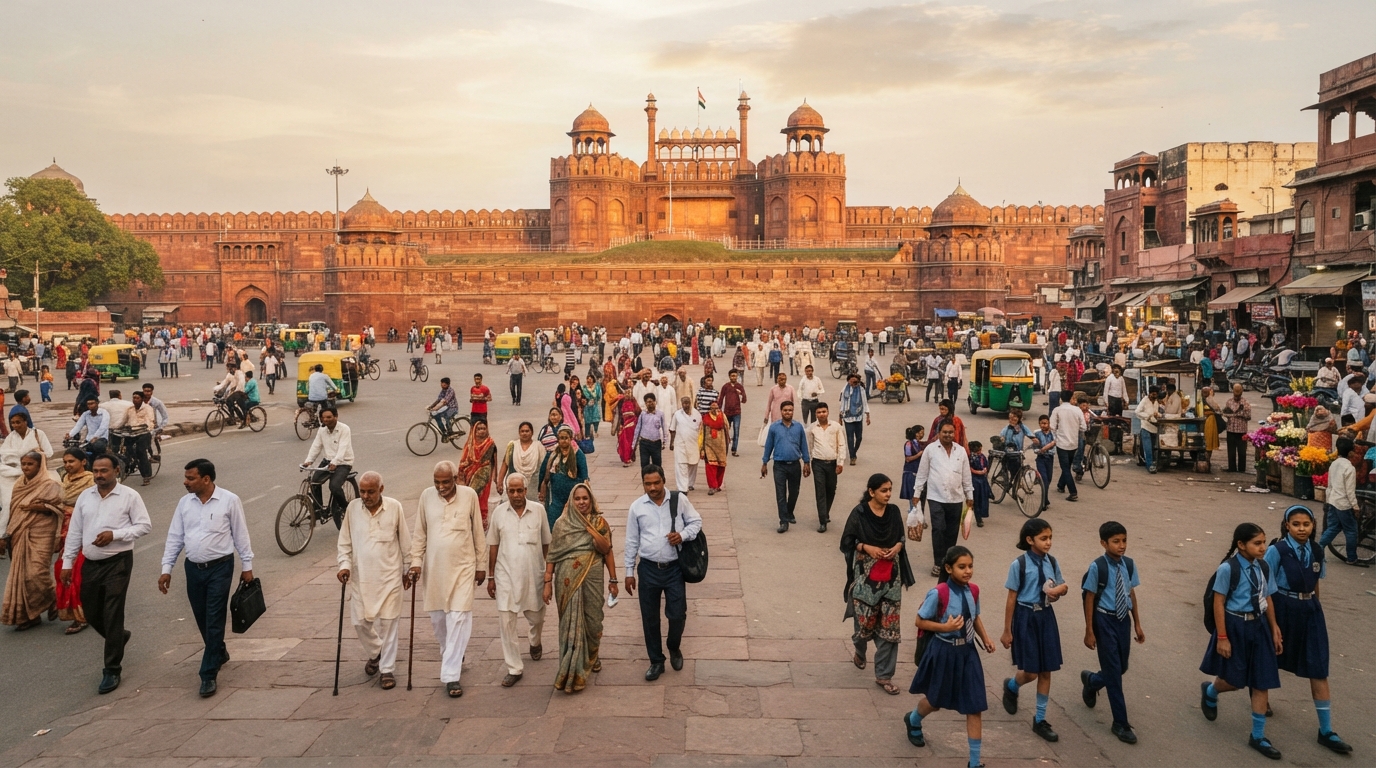 A diverse crowd of multi-generational Indian citizens walking through a historic public square in New Delhi.