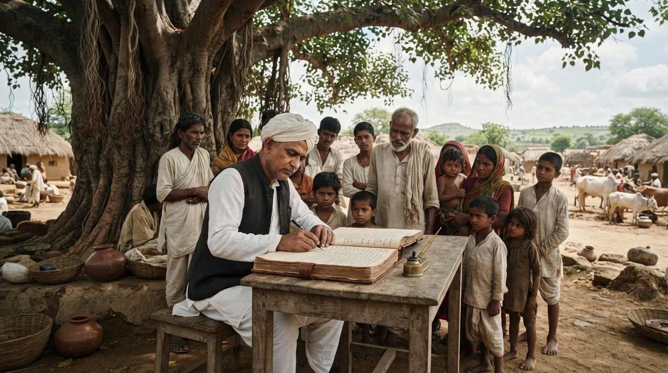 Historical Indian census enumeration outdoors under a banyan tree during the 1921 demographic divide.