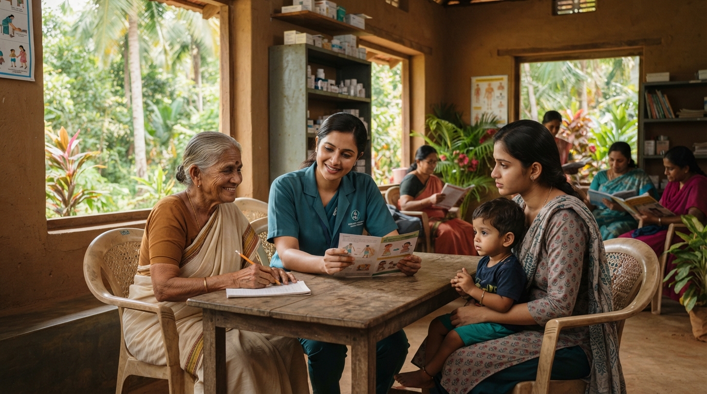 A female healthcare worker consulting an elderly woman and mother in a Kerala rural clinic.