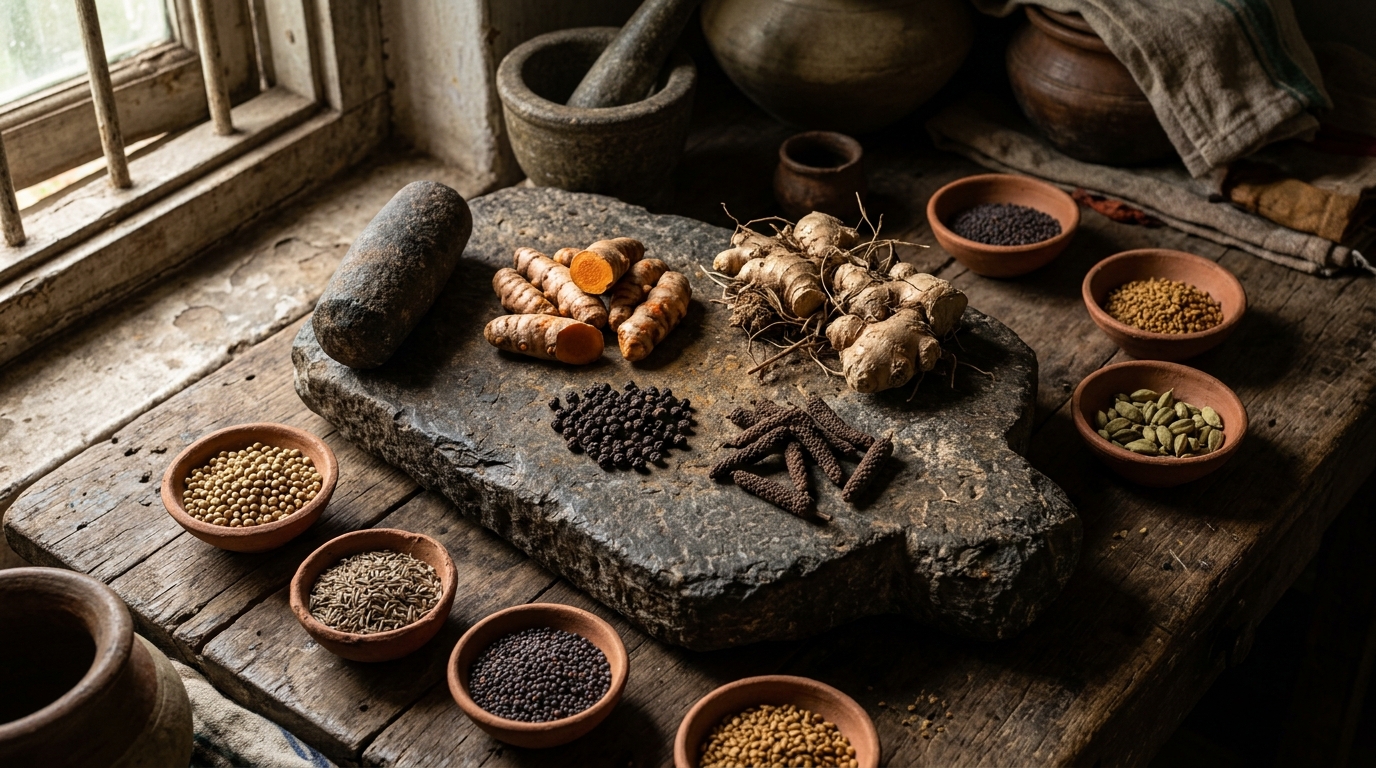 Raw turmeric, long pepper, and ginger on an ancient stone grinding slab.