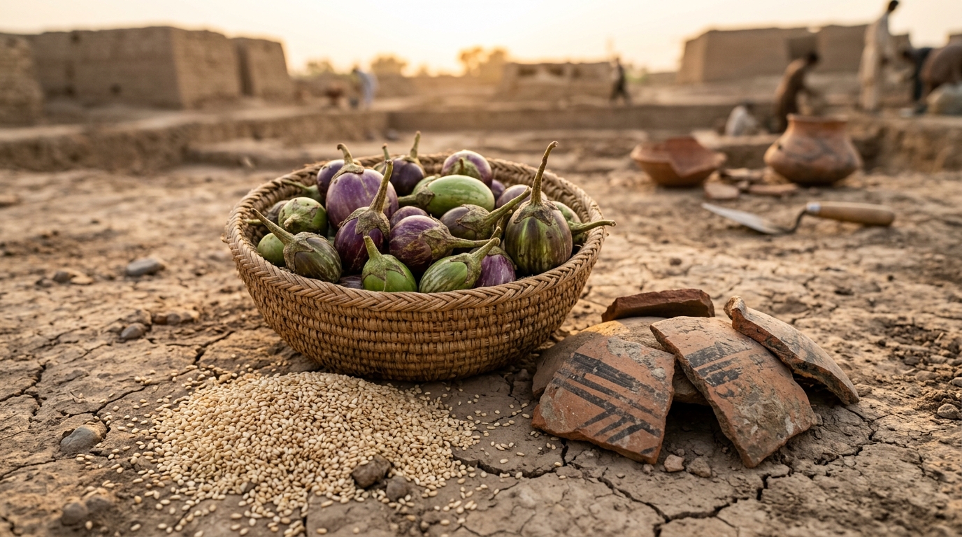 Heirloom eggplants and sesame seeds beside ancient terracotta potsherds on dry earth.