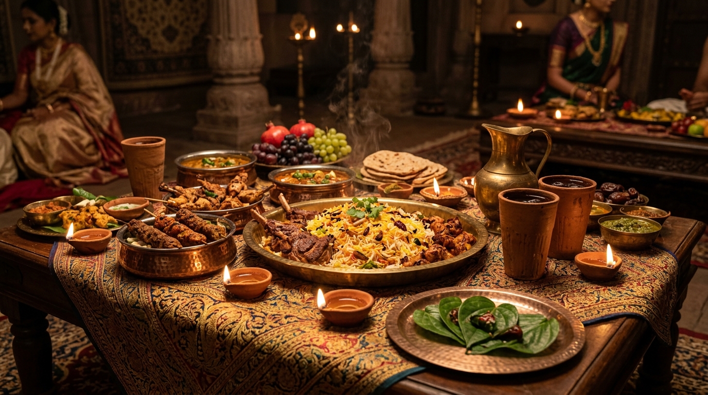 Elaborate ancient Indian royal banquet with brass bowls of rice, meat, and clay goblets.