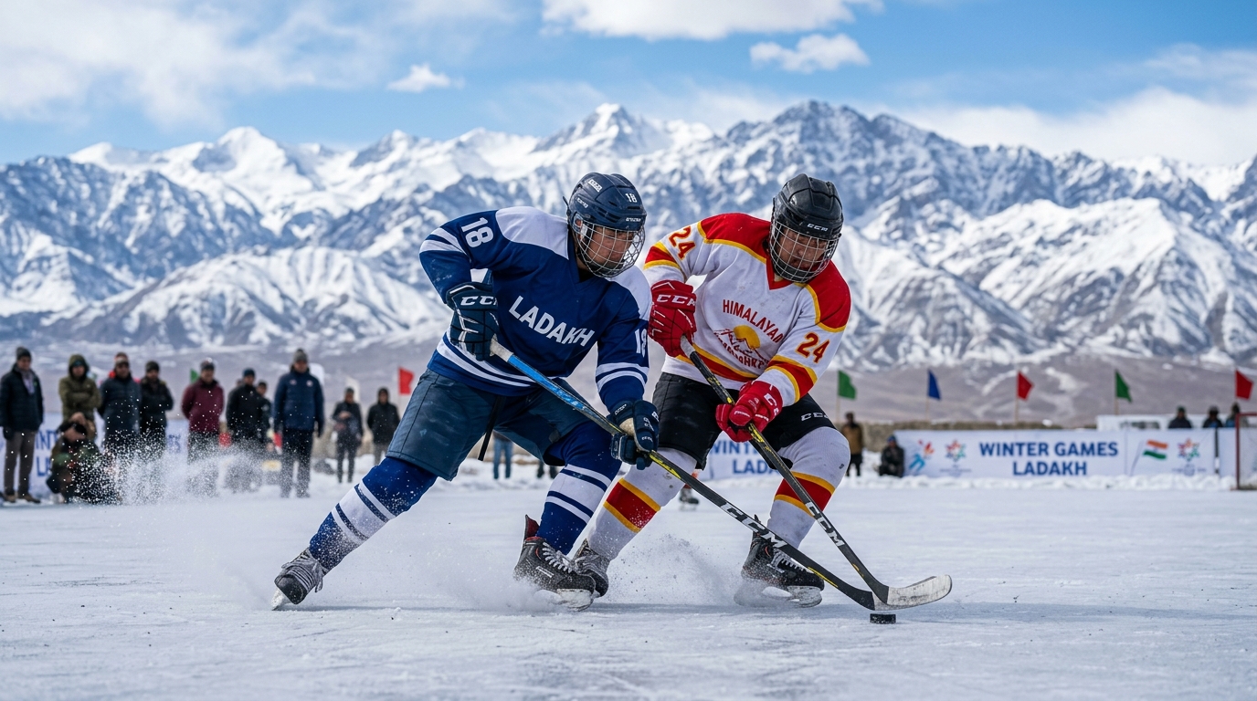 Youth athletes playing outdoor ice hockey during the Khelo India Winter Games in Ladakh.
