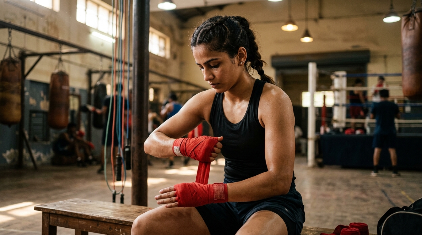 Young female boxer wrapping her hands at a grassroots district sports training facility.
