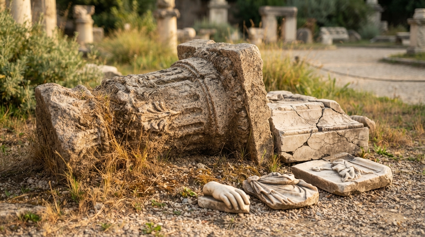 Relocated colonial statue pedestal and stone fragments resting in a sunlit garden