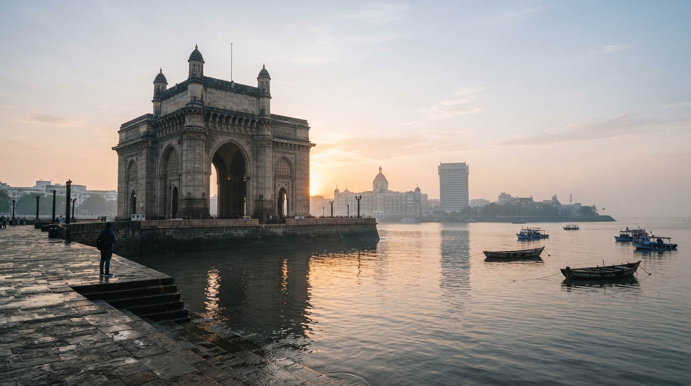Gateway of India arch overlooking Mumbai harbour water at sunrise
