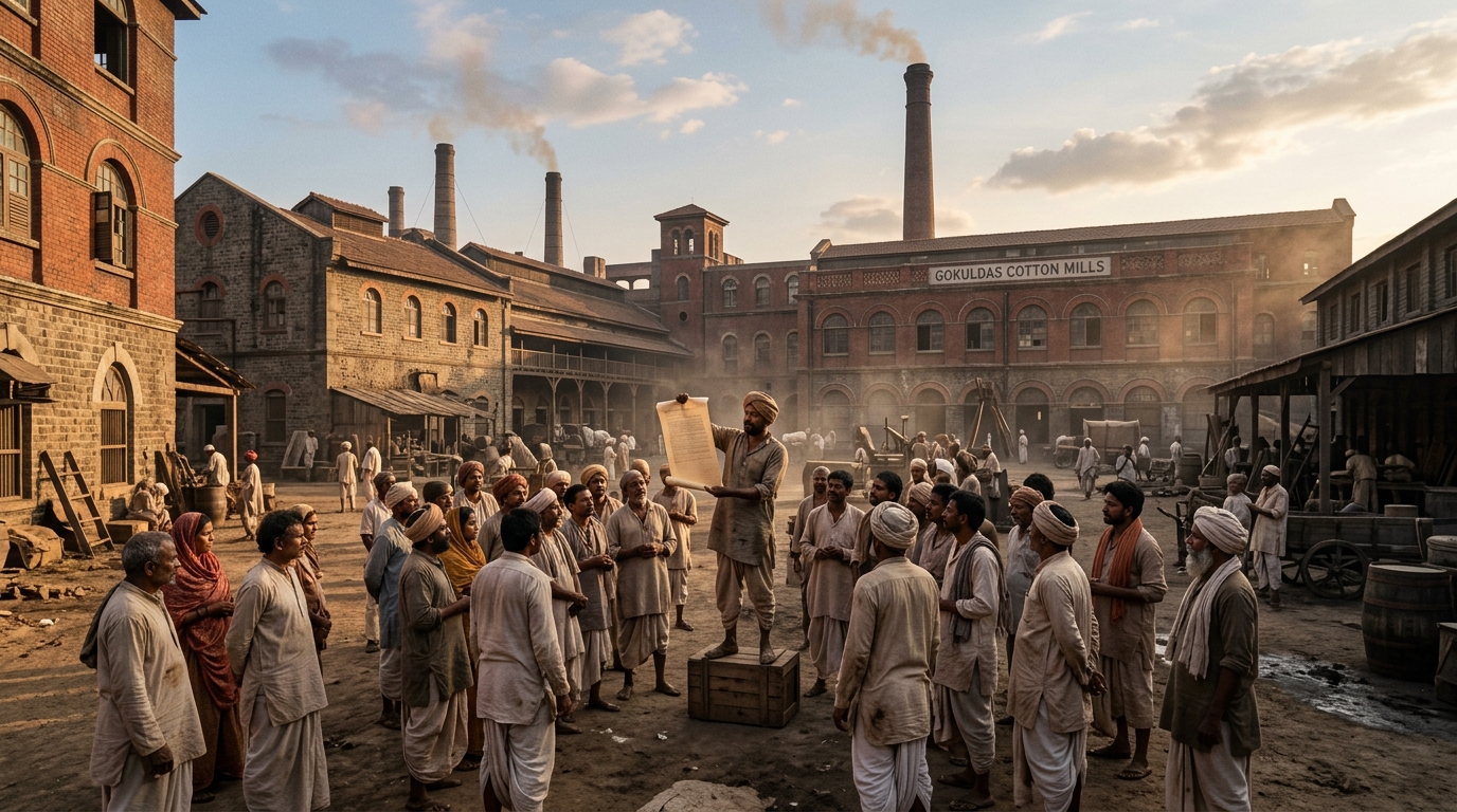 19th-century Indian textile workers gathering outside a Bombay cotton mill holding a petition.