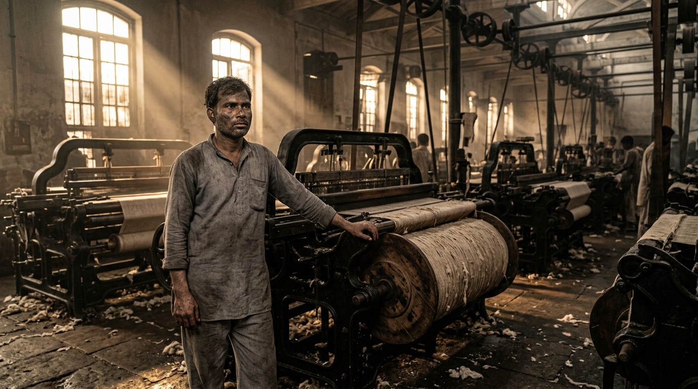 Exhausted Indian worker standing next to heavy iron machinery inside an 1880s cotton mill.