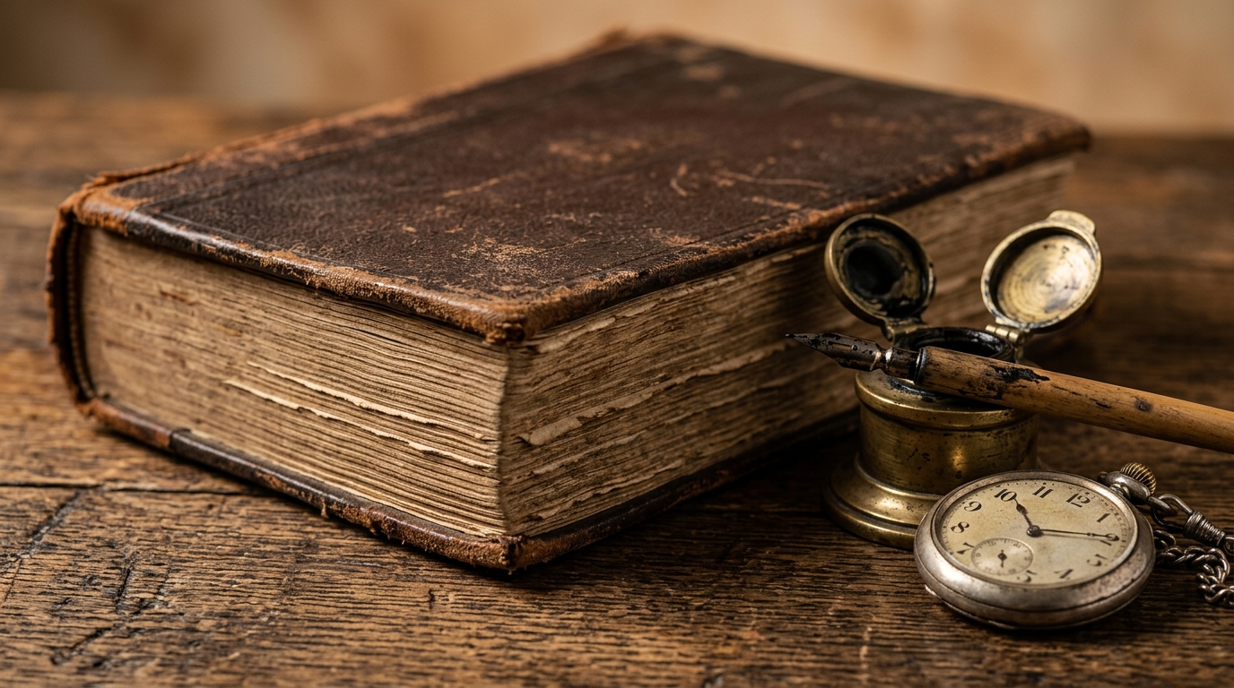 Vintage 1920s legal ledger with a brass inkwell and pocket watch on a wooden table.
