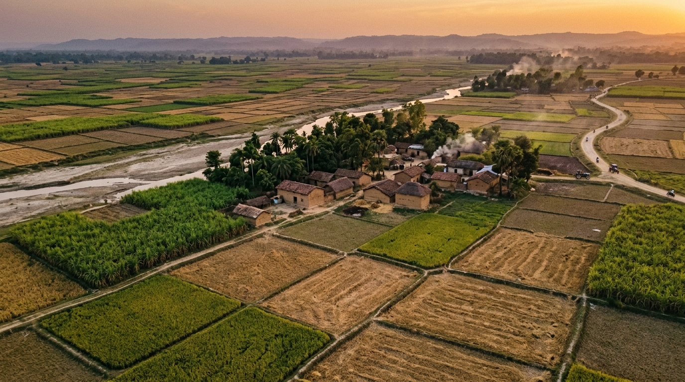 Aerial view of fragmented agricultural farm plots bordered by mud embankments in rural India.