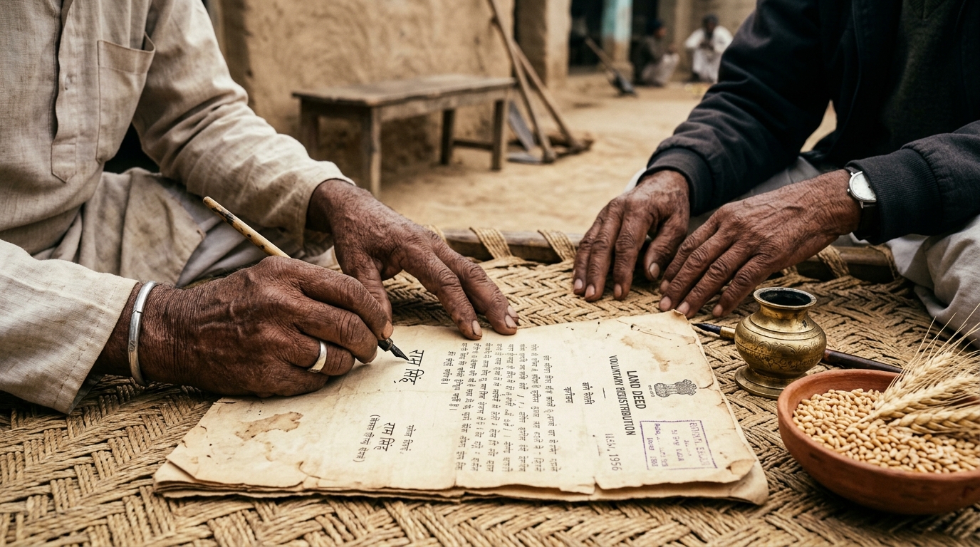 Close-up of weathered hands signing a vintage land deed document on a woven mat.