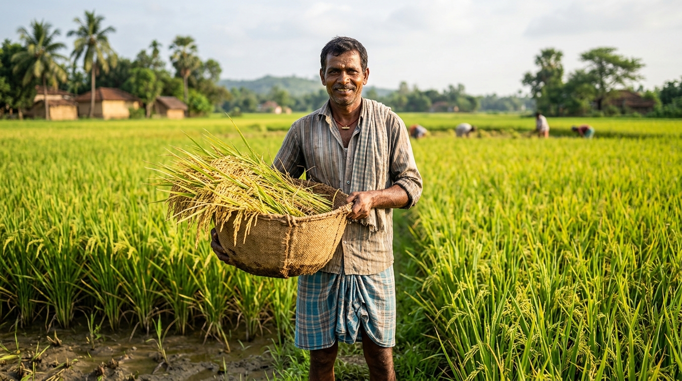 Indian sharecropper holding a woven basket filled with freshly harvested golden rice stalks.