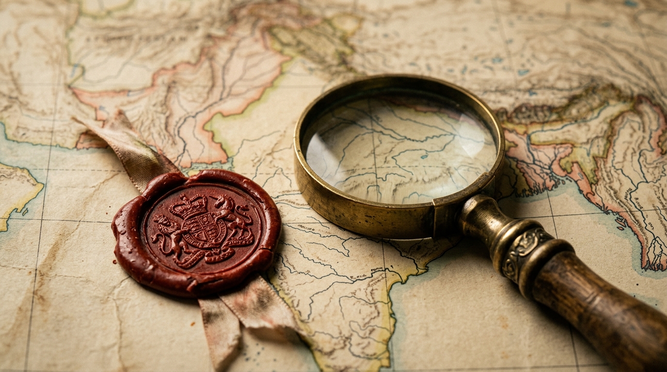 Antique map of the Indian subcontinent with a brass magnifying glass and diplomatic wax seal.
