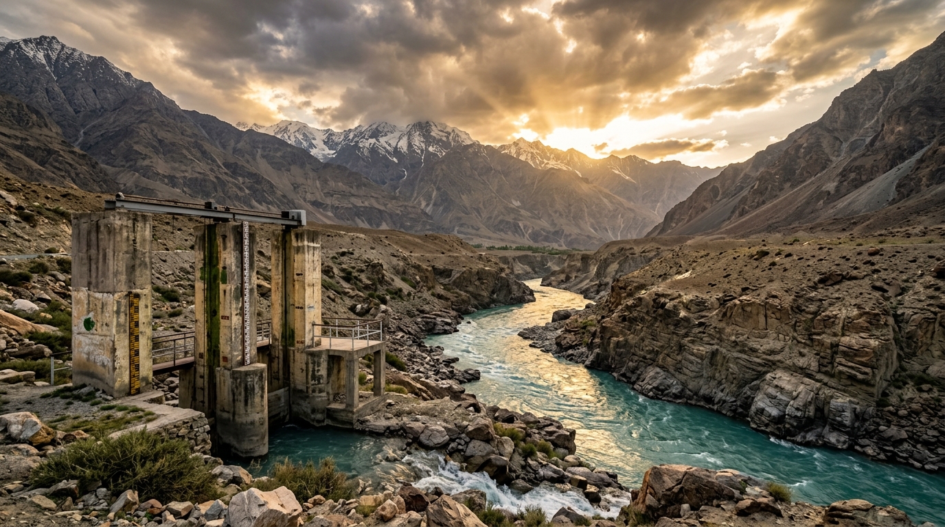 The Indus river flowing powerfully through a rugged Himalayan valley representing water sharing treaties.