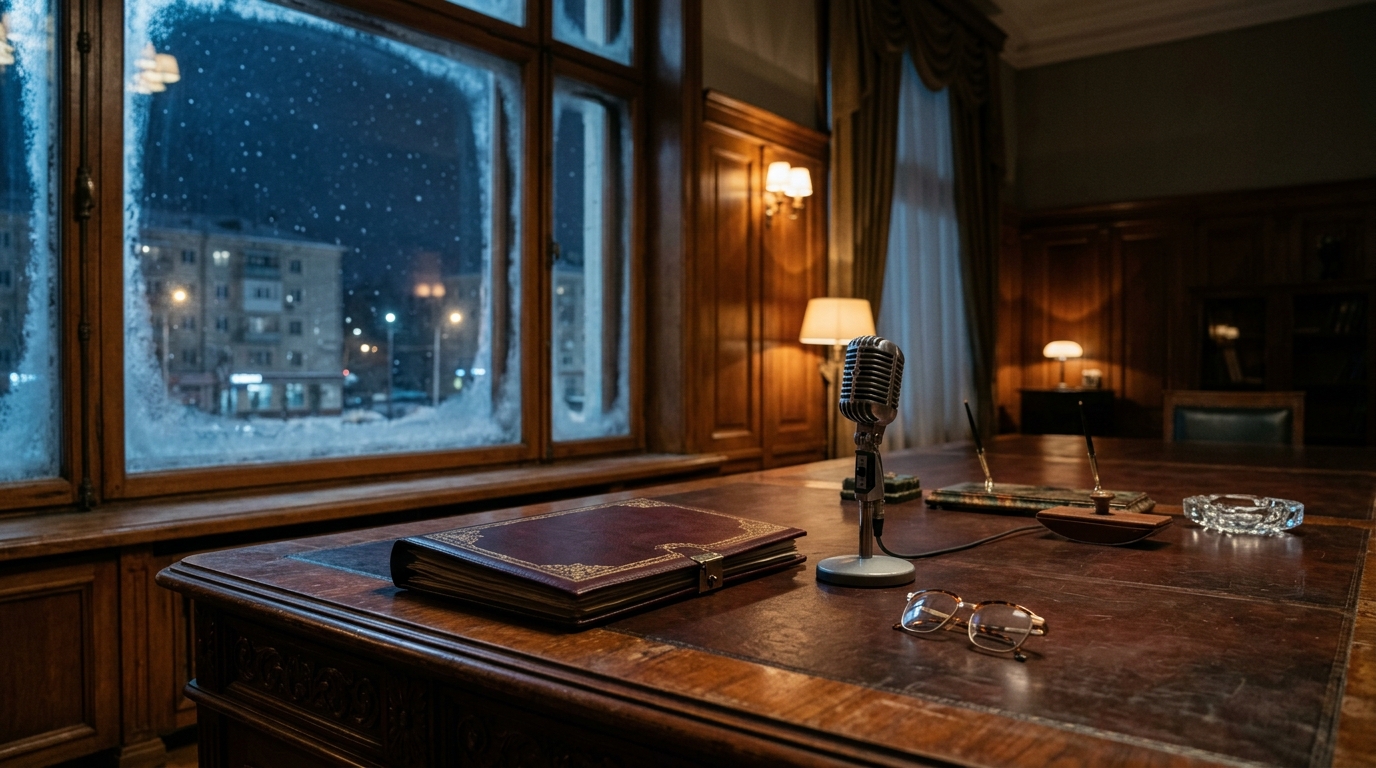 Vintage 1960s diplomatic conference table with a leather portfolio beside a frosty winter window.