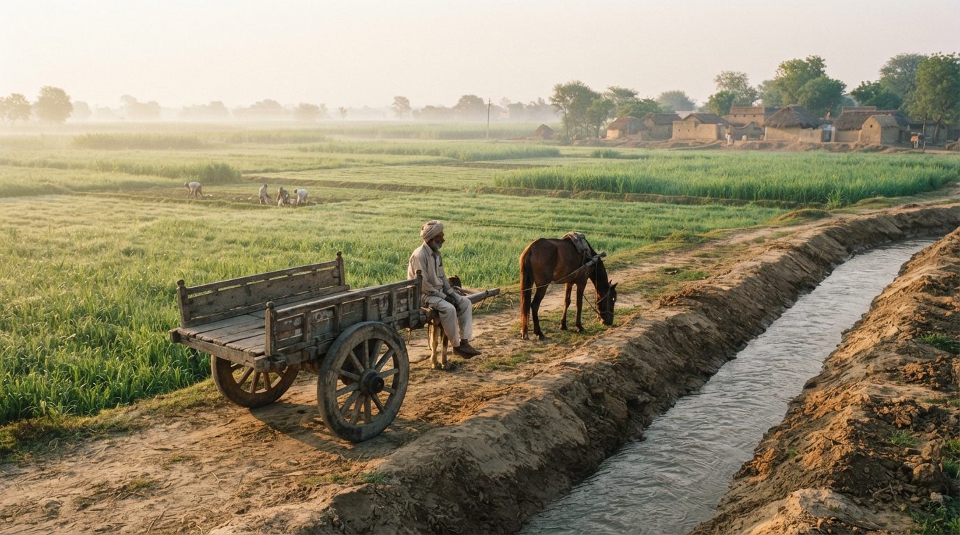 Traditional horse cart beside an irrigation canal representing Nehruvian nation-building themes in early Indian cinema.