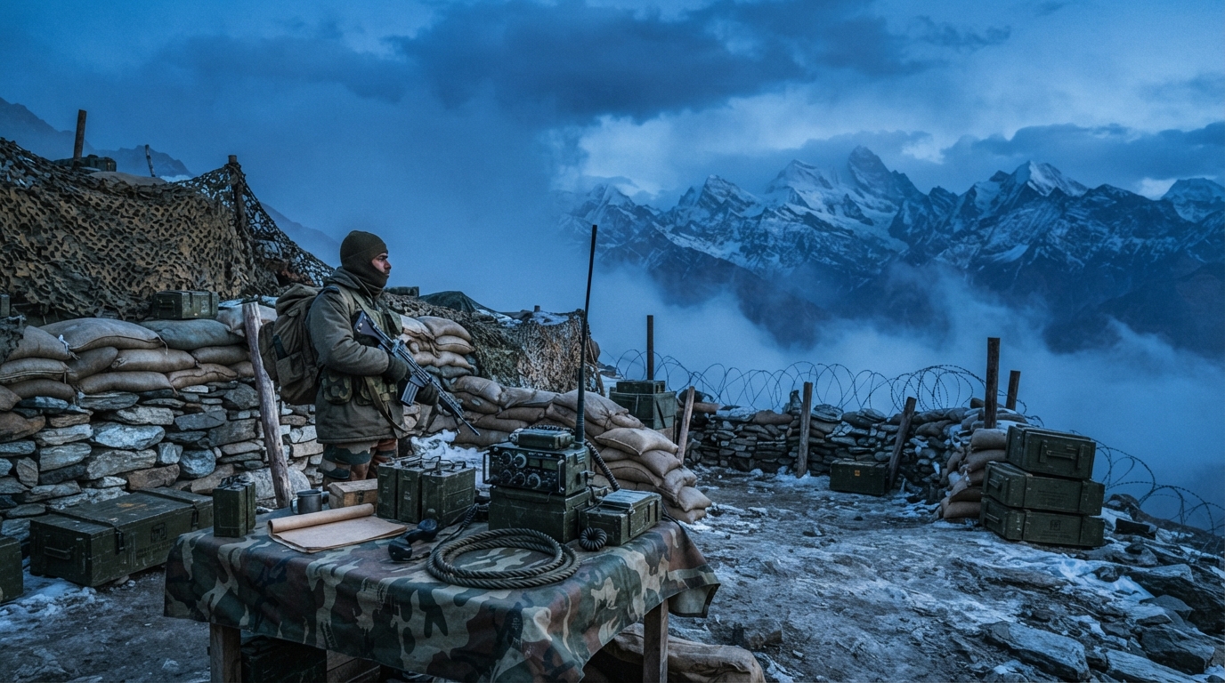 High-altitude Himalayan military defense outpost reflecting border conflict themes in Indian patriotic cinema.