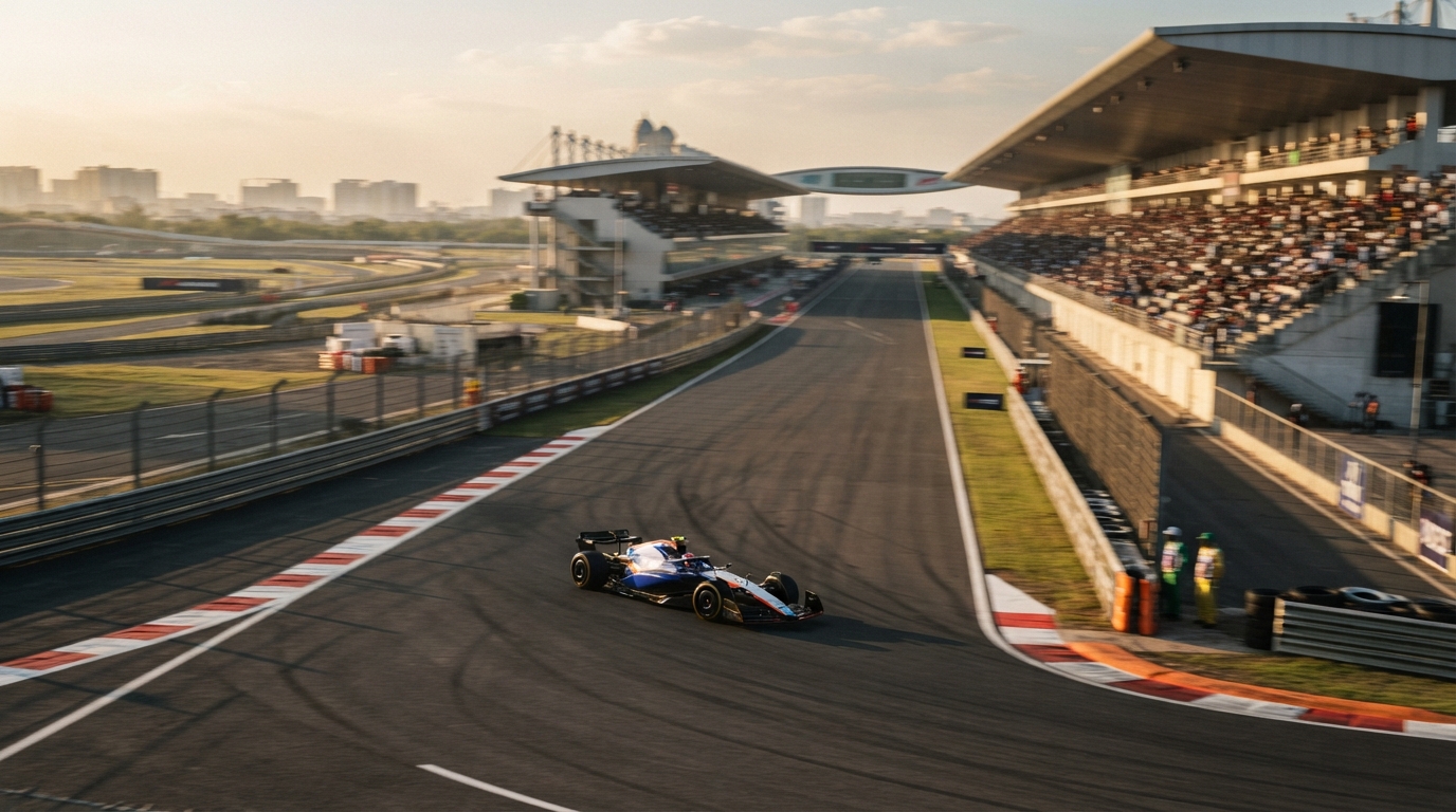 A Formula 1 car speeding across the Buddh International Circuit track in Greater Noida