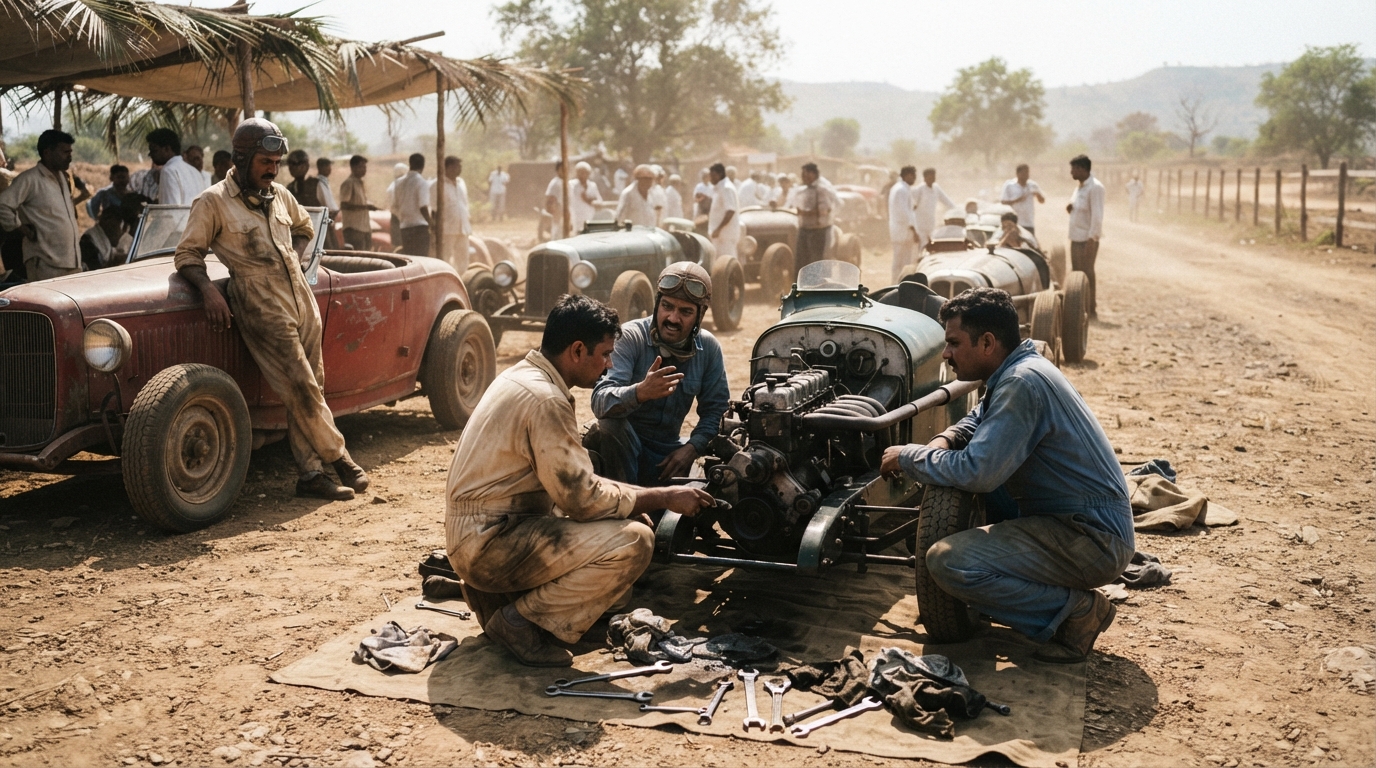 Vintage motorsport mechanics working on classic racing cars at an early Indian racetrack