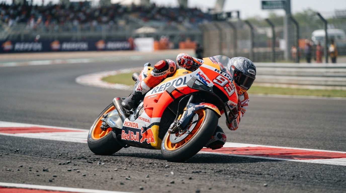 Professional MotoGP motorcycle racer leaning into a high-speed turn on an Indian circuit
