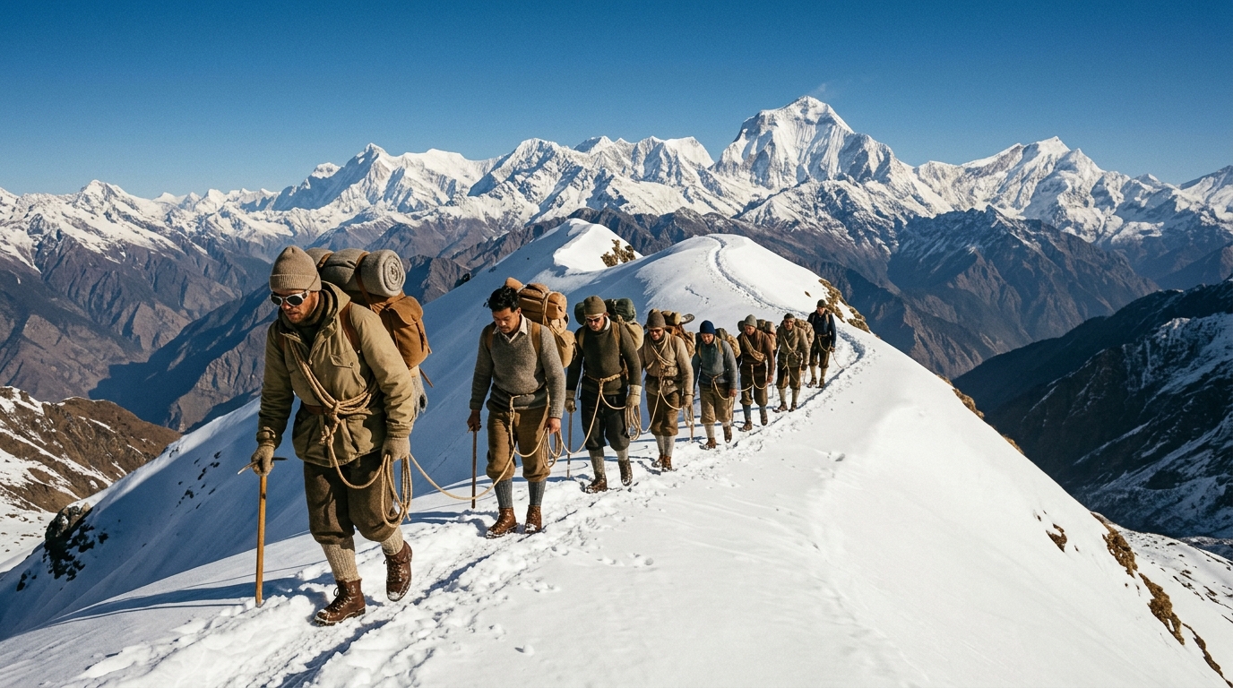 Mid-century mountaineers trekking across a snowy Himalayan ridge during an early Indian climbing expedition.