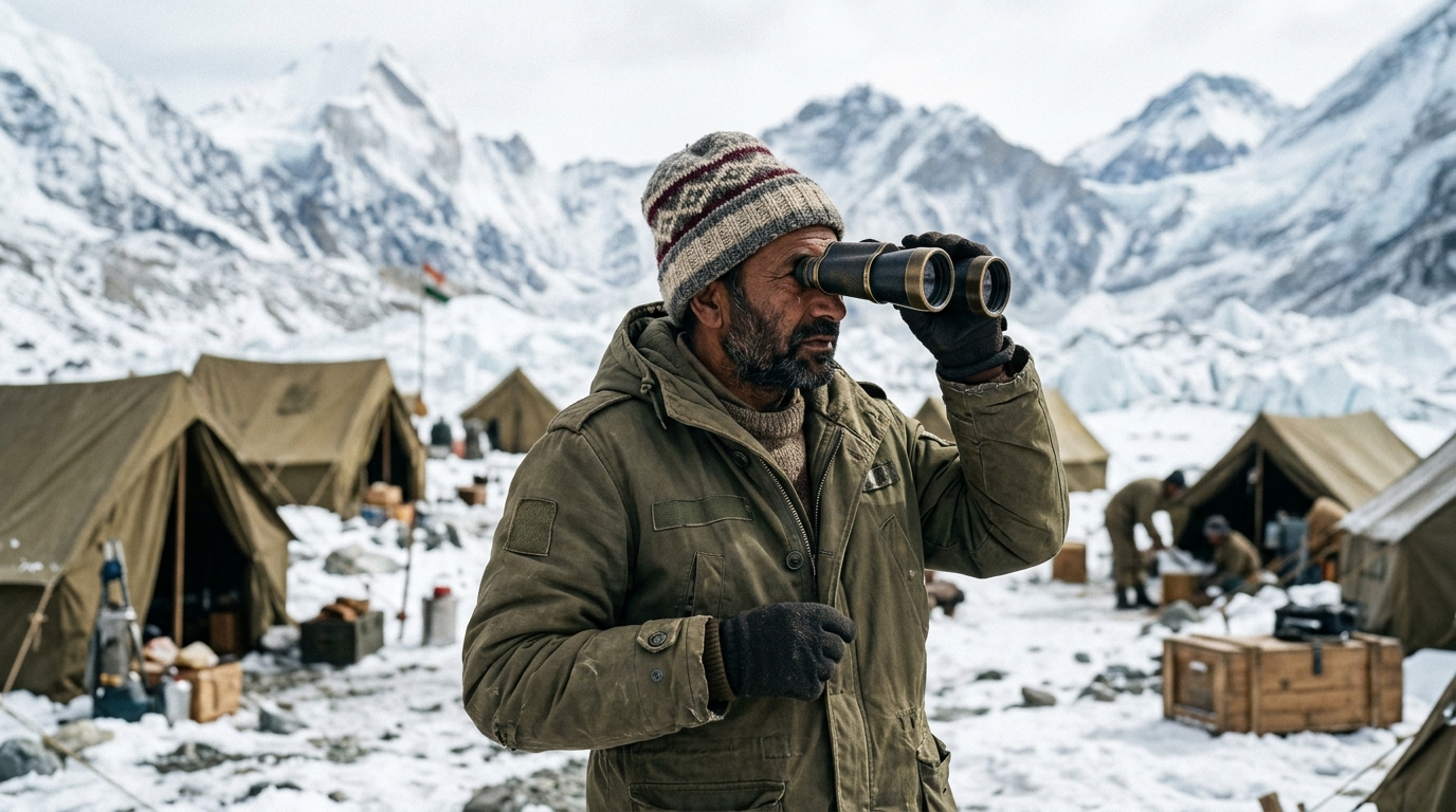 1960s Indian expedition leader looking through binoculars at a snowy Himalayan base camp.