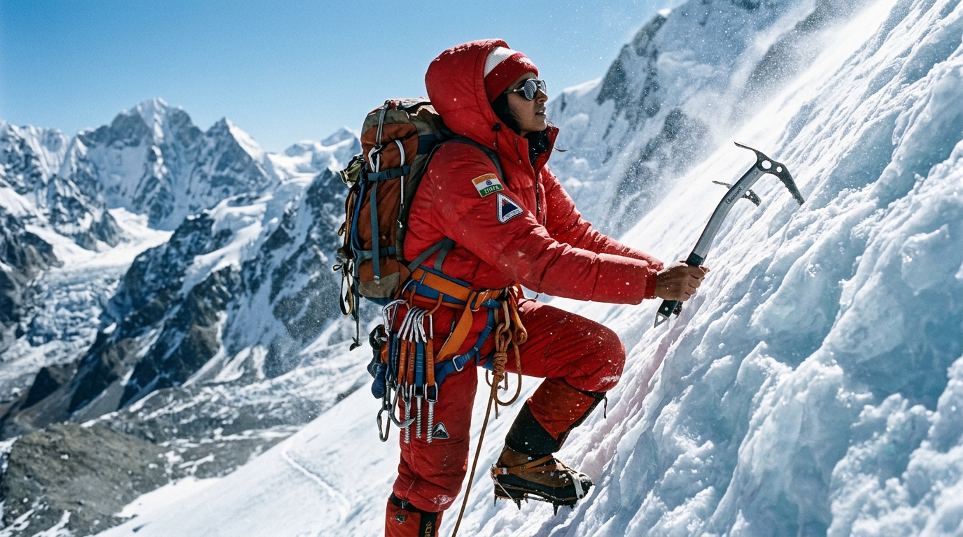 Female Indian mountaineer in a red down suit climbing a steep Himalayan peak with an ice axe.