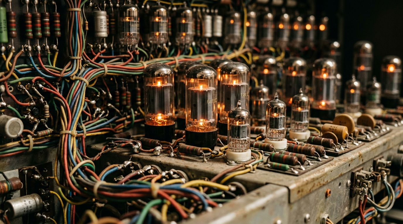 Glowing vacuum tubes and wiring from an early 1960s Indian mainframe computer assembly.