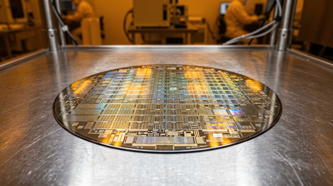 Close-up of a modern silicon semiconductor wafer reflecting light in a manufacturing facility.