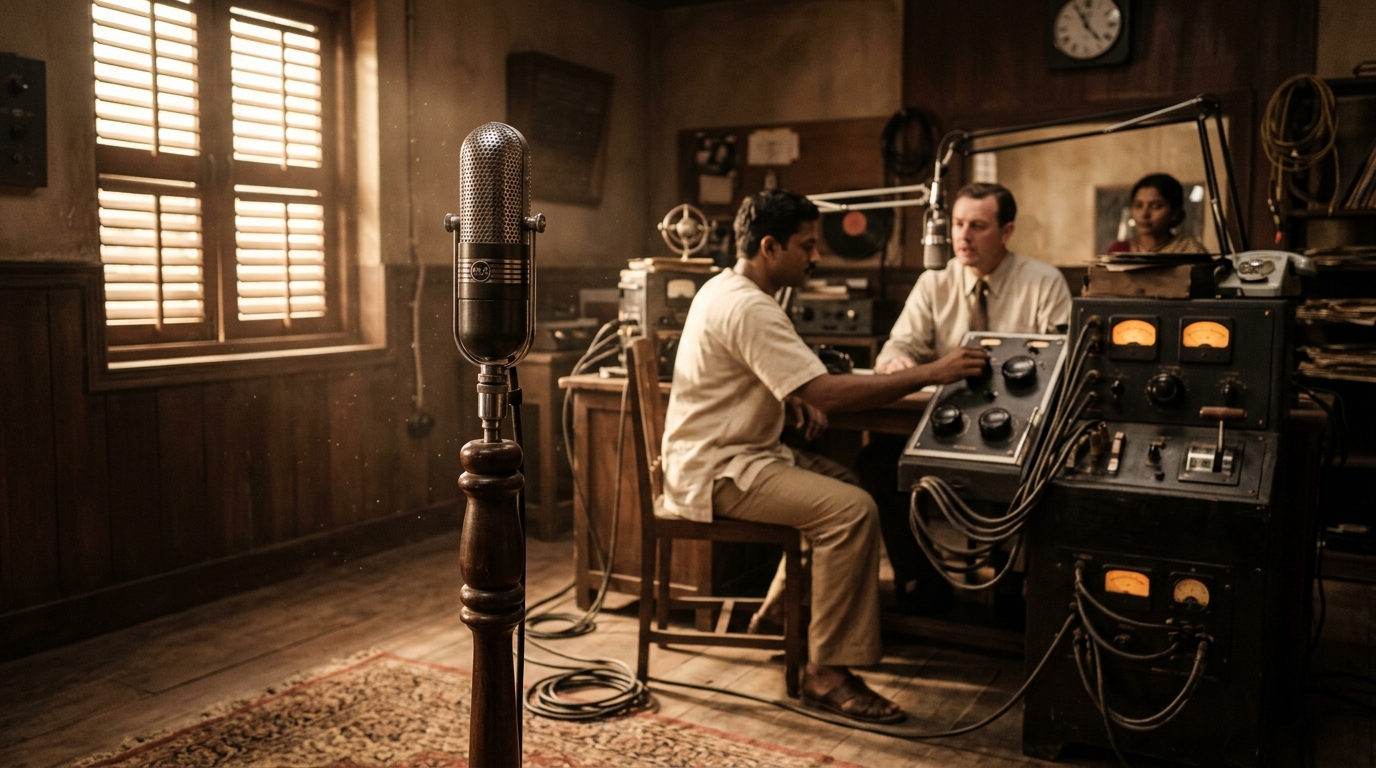 Vintage 1930s heavy ribbon microphone in a colonial Indian broadcasting studio.