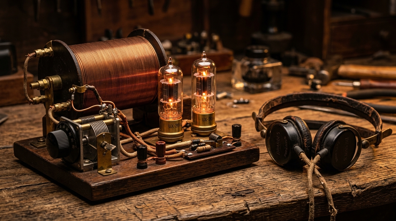 1920s amateur crystal radio receiver with glowing vacuum tubes and vintage headphones.