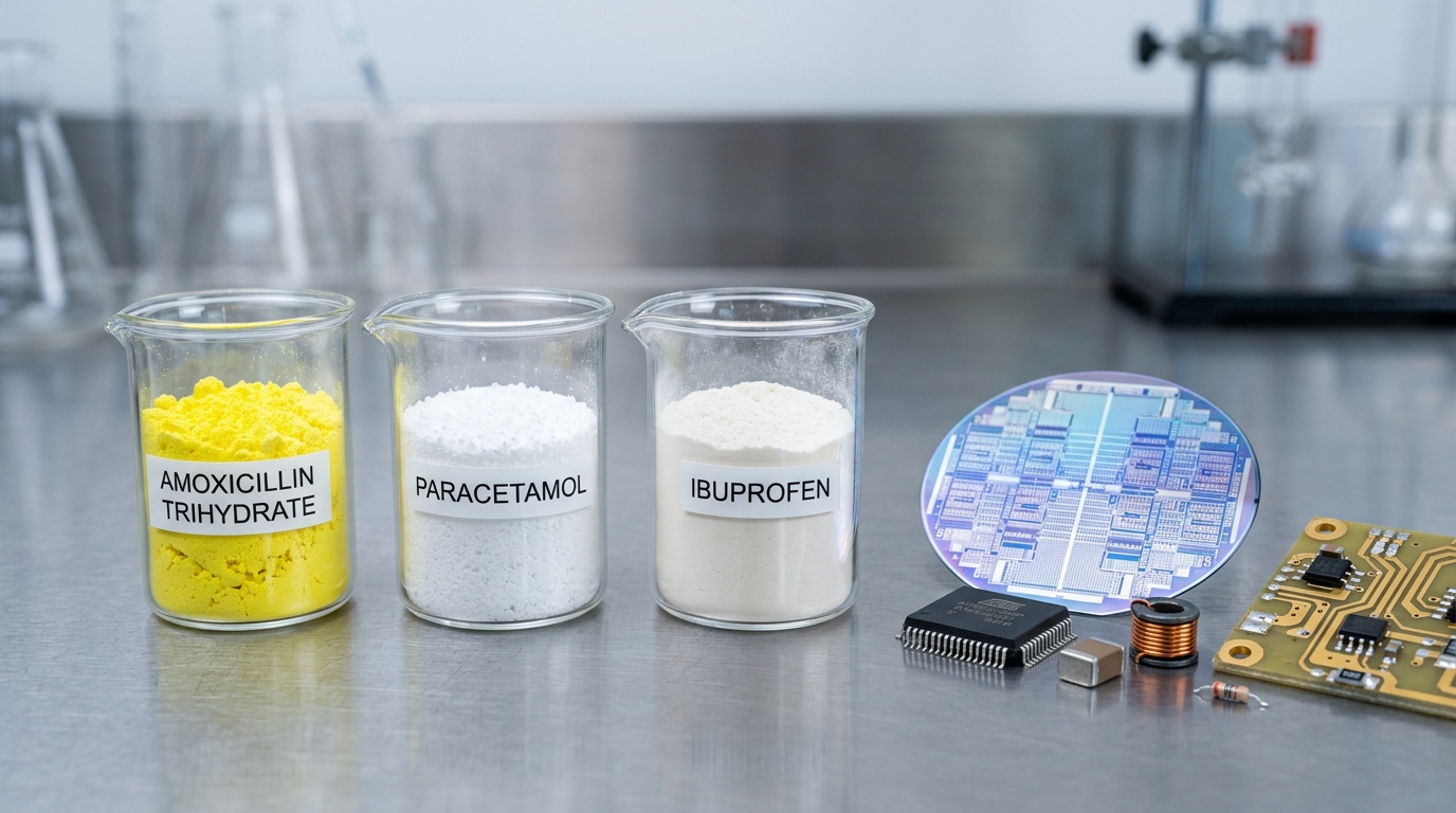 Pharmaceutical powders in beakers alongside silicon wafers, representing economic reliance on critical imports.