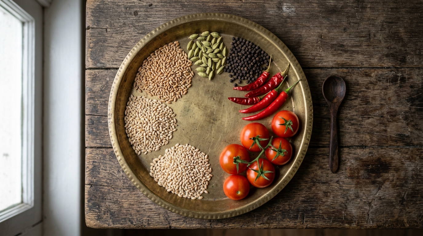 Antique brass platter displaying ancient grains, Indian spices, chilies, and tomatoes representing culinary history.