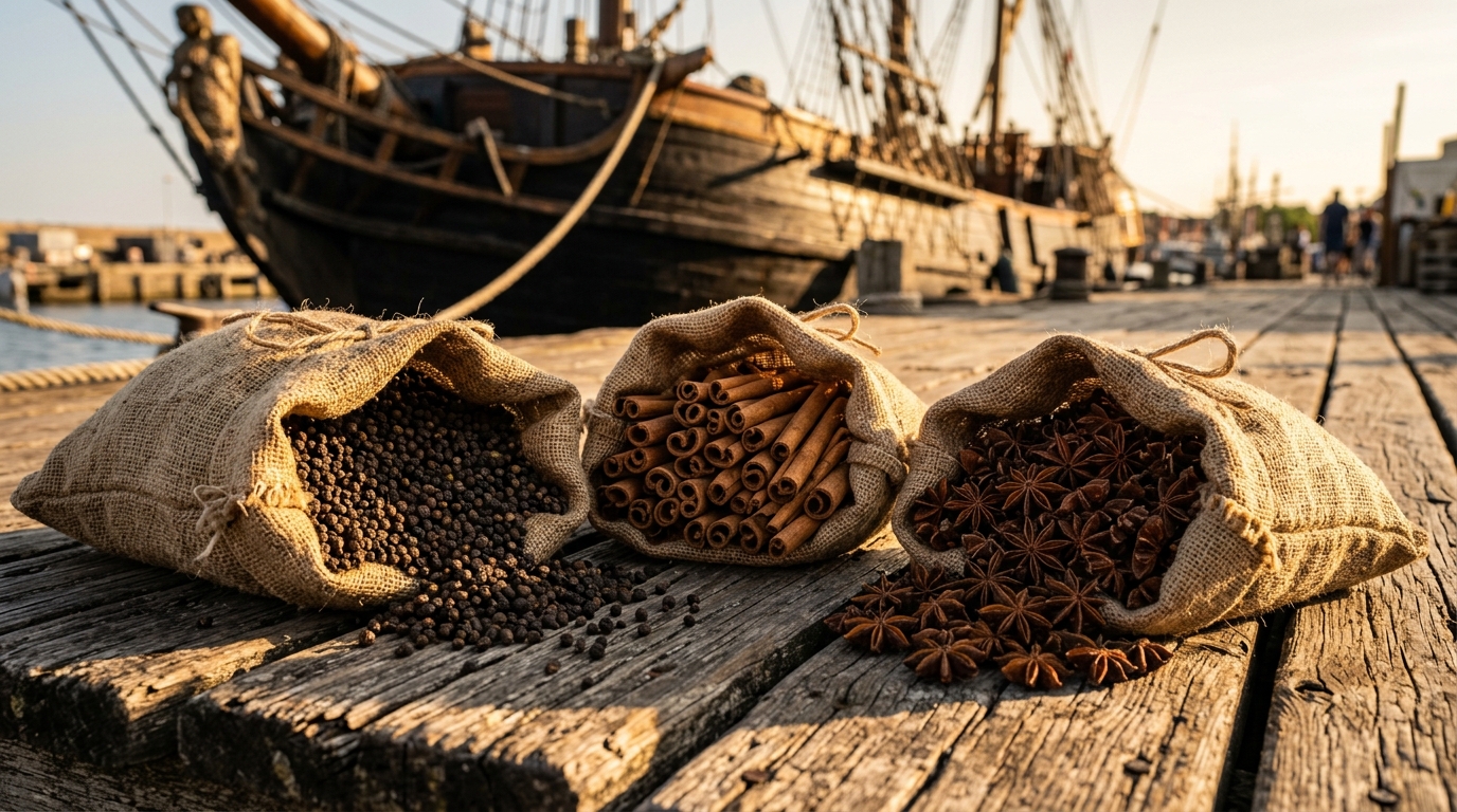 Burlap sacks filled with whole Indian spices on a wooden dock representing ancient maritime trade.