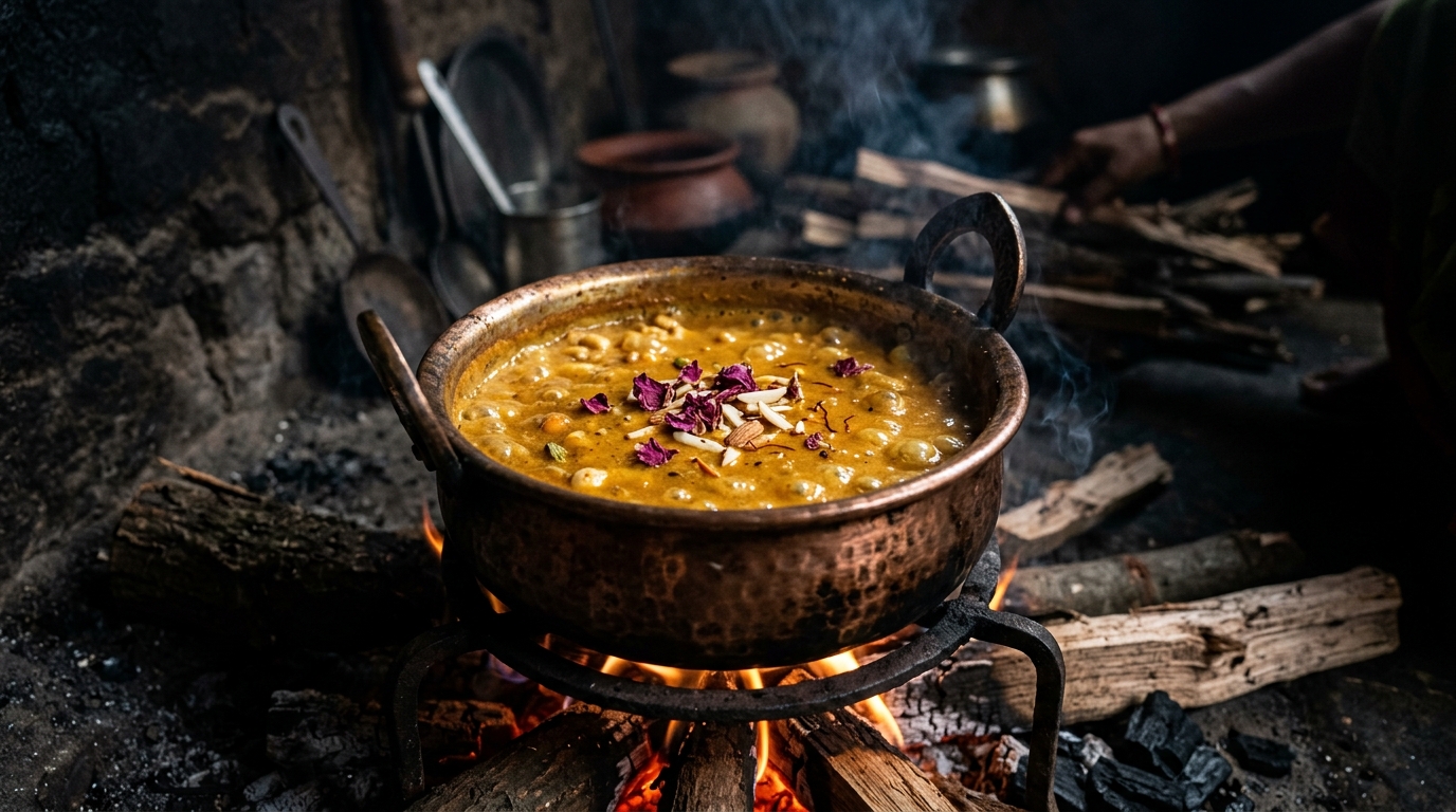 Traditional copper handi simmering Mughal nut gravy with rose petals over an open fire.