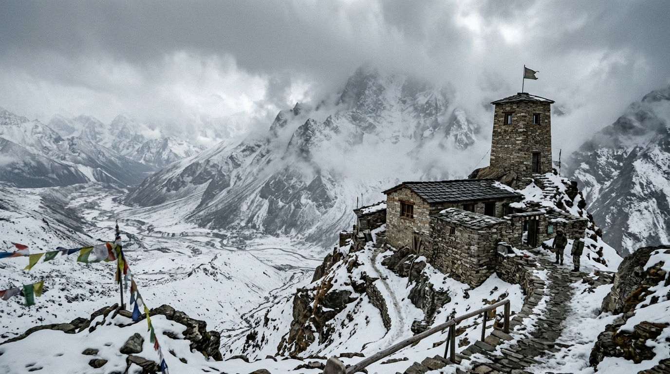 Snow-covered Himalayan border outpost representing India's high-altitude internal security and paramilitary defenses.