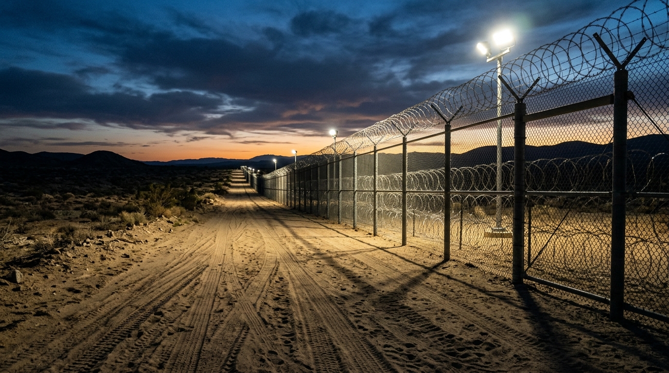 Floodlit barbed-wire fence in a desert landscape illustrating India's border security expansion after 1965.