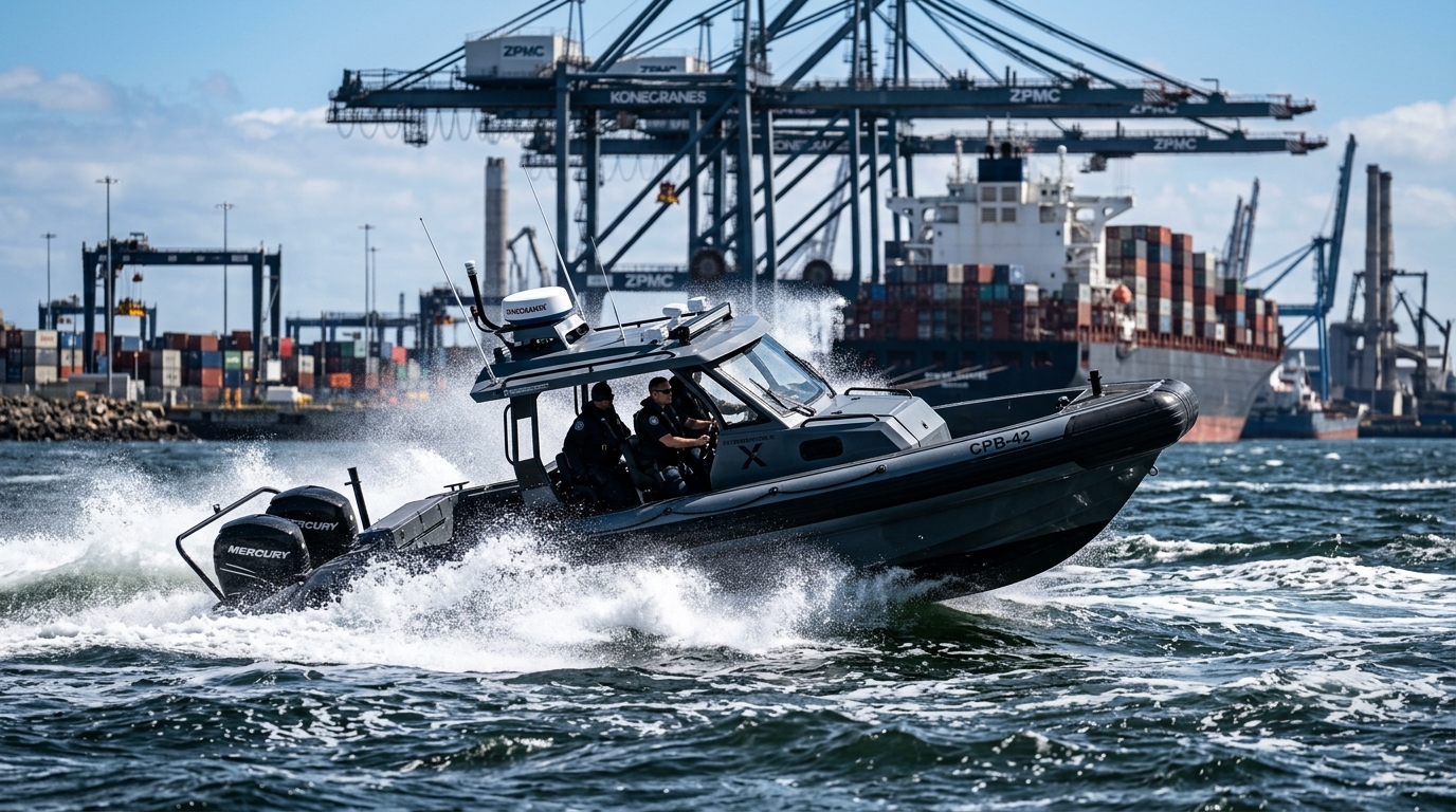 Fast patrol boat guarding an industrial port facility, representing modern Indian coastal security operations.