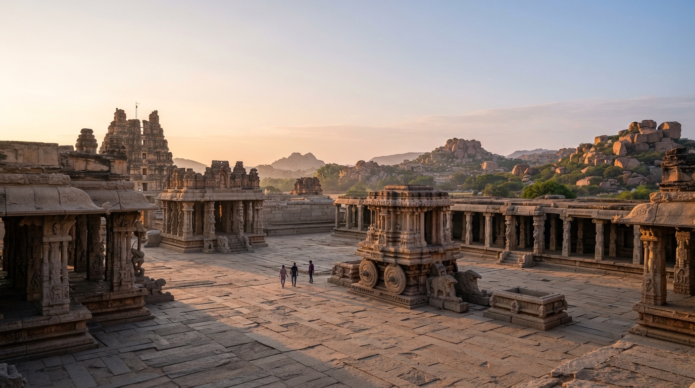 Ancient stone chariot monument at Hampi during sunrise representing India UNESCO World Heritage sites