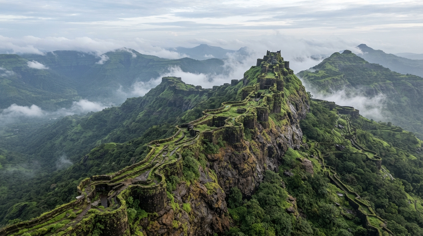 Dramatic aerial landscape of historic Maratha hill fort fortifications in the Western Ghats
