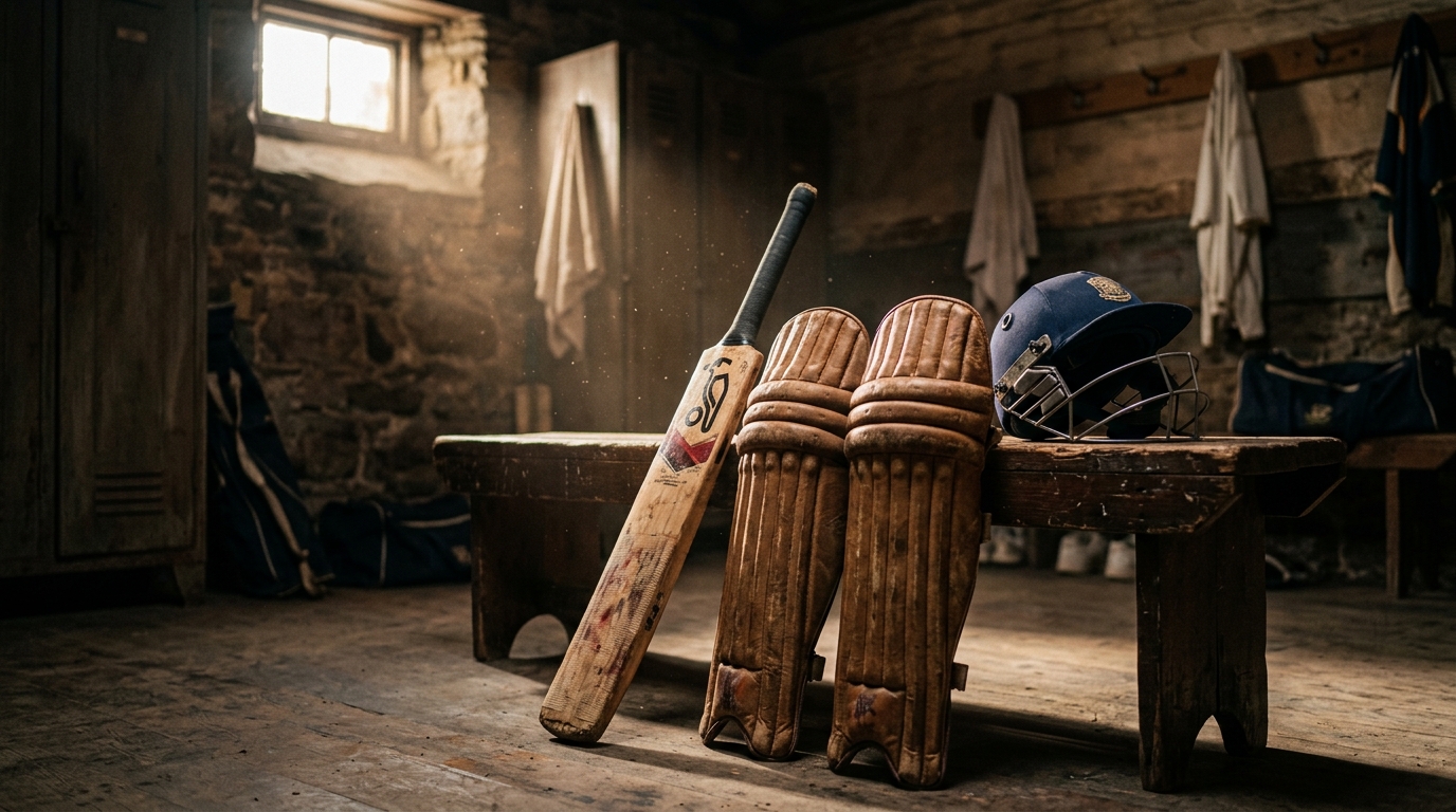 Vintage cricket bat and leather pads resting on a bench in a dimly lit dressing room.