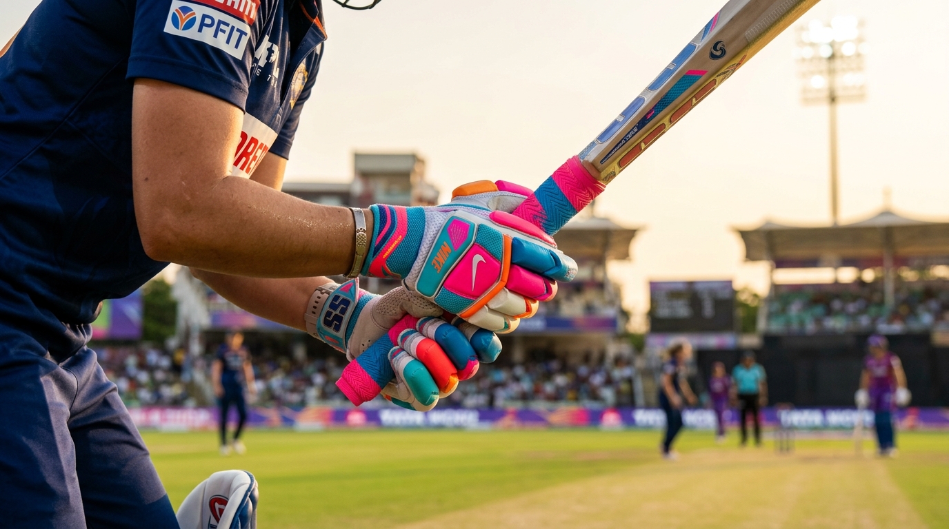 Close-up of female cricketer hands gripping a bat with brightly colored gloves during a match.