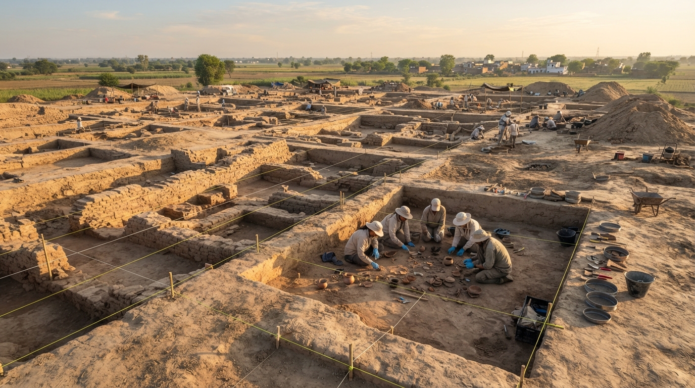 Archaeological excavation of ancient brick foundations and pottery at an Indus Valley settlement site.