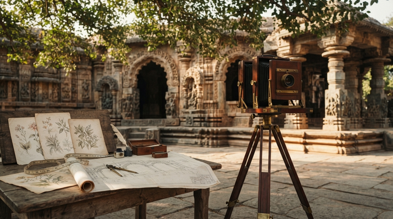 Vintage surveying tools and large-format camera documenting ancient Indian stone monuments.