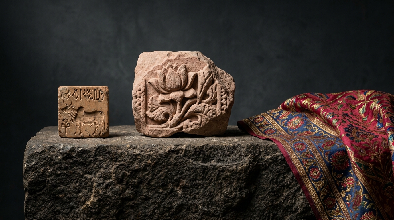 Ancient Indian cultural artifacts including a terracotta seal, carved sandstone, and vibrant silk textile.
